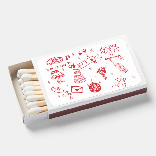 Hand Drawn Handwritten Wedding Favors Matchboxes (Front Open)