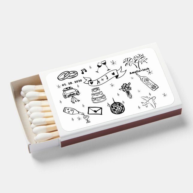 Hand Drawn Handwritten Wedding Favors Matchboxes (Front Open)