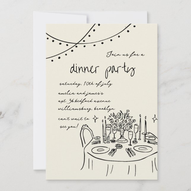 Hand drawn & Handwritten whimsical Dinner wedding Invitation (Front)