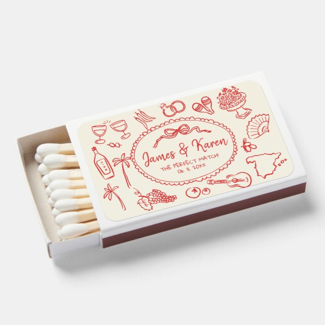 Hand Drawn Handwritten Whimsical Spanish Wedding Matchboxes (Front Open)