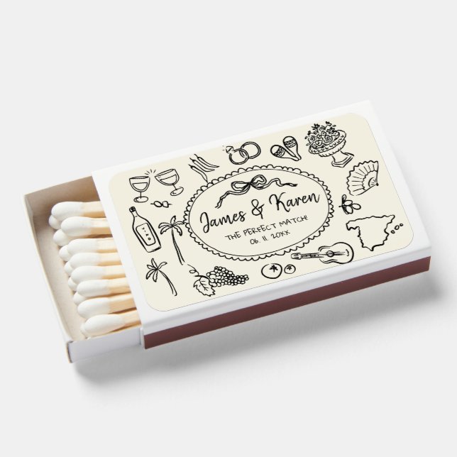 Hand Drawn Handwritten Whimsical Spanish Wedding Matchboxes (Front Open)
