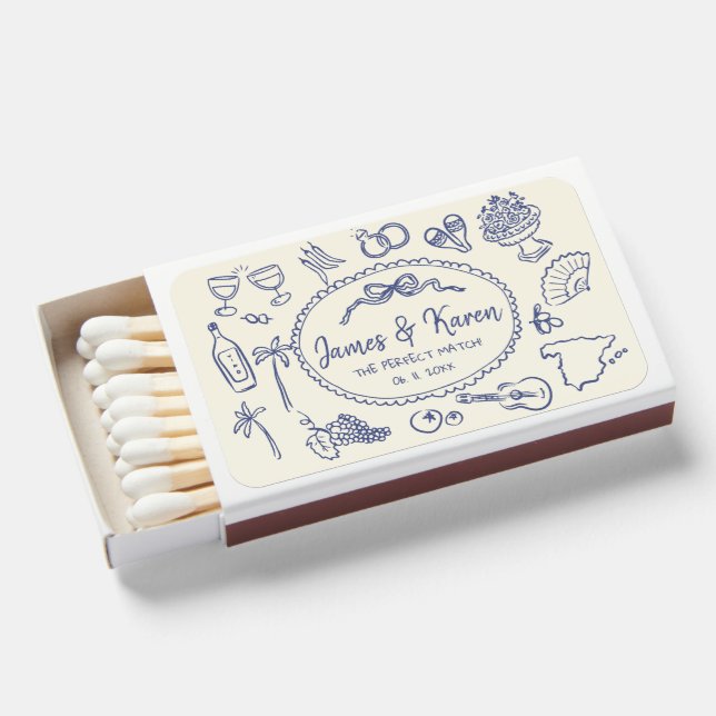 Hand Drawn Handwritten Whimsical Spanish Wedding Matchboxes (Front Open)