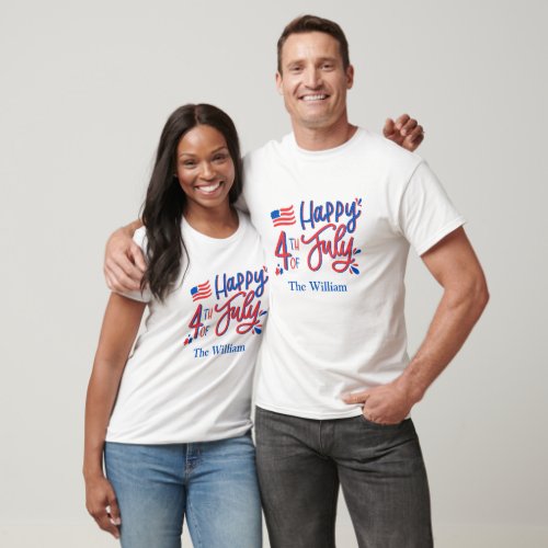 Hand Drawn Happy 4th of July Red White and Blue  T_Shirt