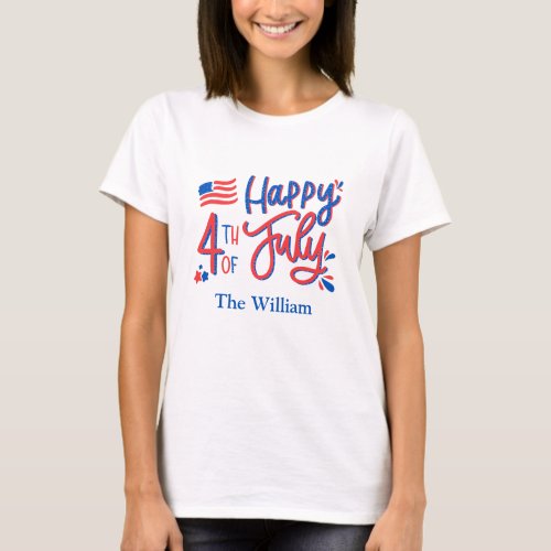 Hand Drawn Happy 4th of July Red White and Blue  T T_Shirt