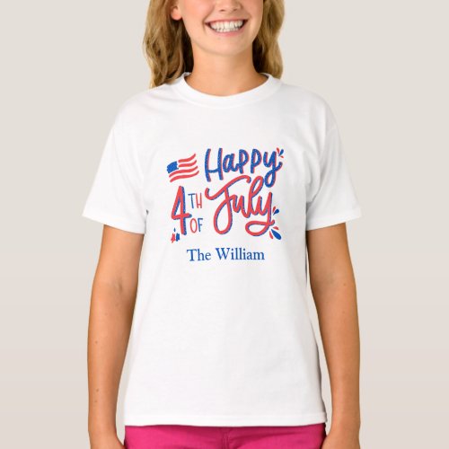 Hand Drawn Happy 4th of July Red White and Blue  T T_Shirt