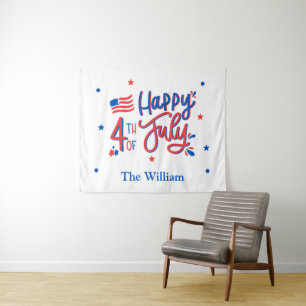 Hand Drawn Happy 4th of July Red White and Blue Tapestry