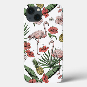 Hand-Drawn Hawaiian Flamingo Pattern White iPhone 13 Case