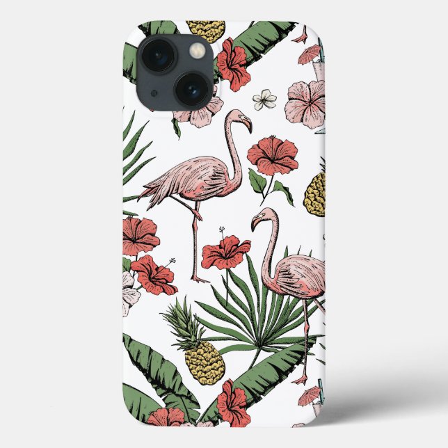 Hand-Drawn Hawaiian Flamingo Pattern White Case-Mate iPhone Case (Back)