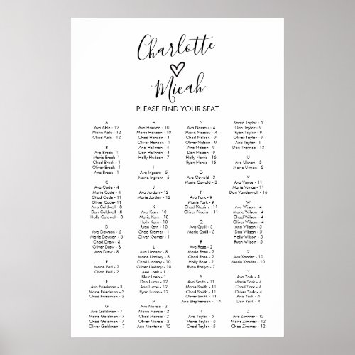 Hand Drawn Heart Alphabetical Seating Chart