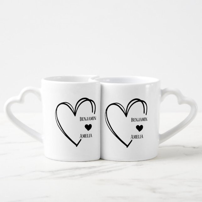 Hand Drawn Heart Couple Valentine’s Day Mugs, Coffee Mug Set (Back Nesting)