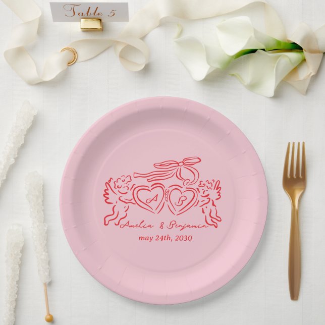 hand drawn heart couple whimsical wedding paper plates (Wedding)