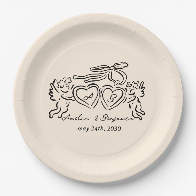 hand drawn heart couple whimsical wedding paper plates (Front)