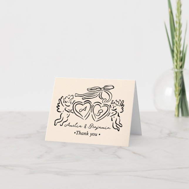 hand drawn heart couple whimsical wedding thank you card (Front)