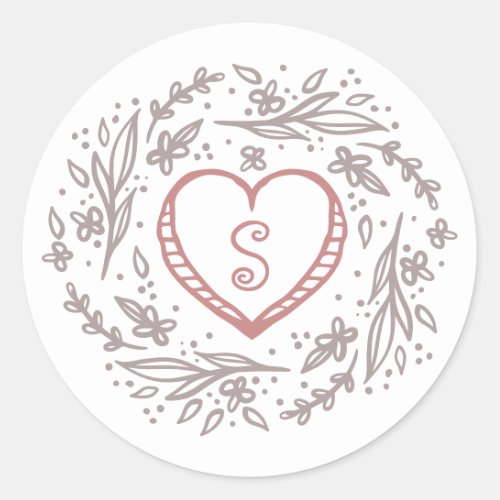 Hand_drawn Heart  Floral Wreath Custom Monogram Classic Round Sticker