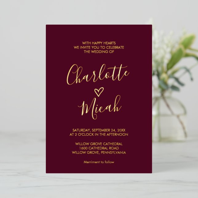 Hand Drawn Heart | Gold Foil Text Burgundy Wedding Foil Invitation (Standing Front)