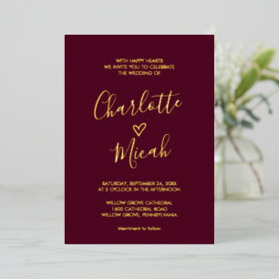 Hand Drawn Heart   Gold Foil Text Burgundy Wedding Invitation