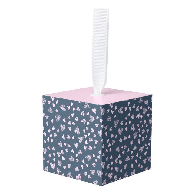 Hand drawn Heart Pattern Design Cube Ornament (Front Angled)