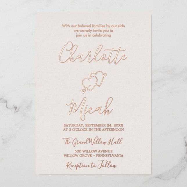 Hand-Drawn Heart | Rose Gold Foil Text Blush  Invitation (Front)