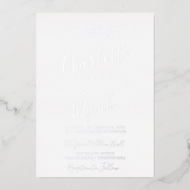 Hand Drawn Heart | Silver Foil Text Wedding  Foil Invitation (Front)