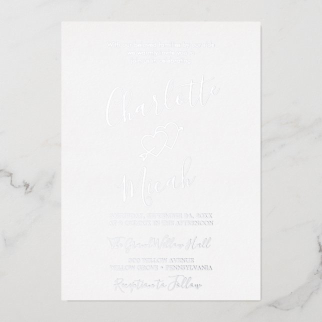 Hand Drawn Heart | Silver Foil Text Wedding  Invitation (Front)
