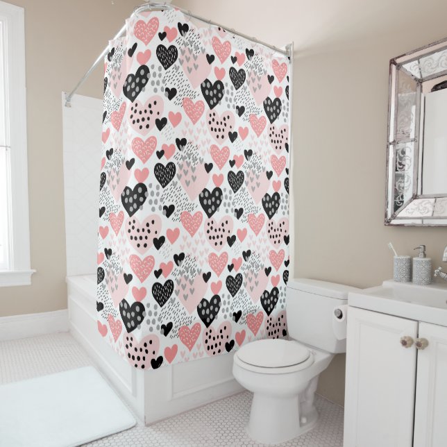 Hand Drawn Hearts and Dots Pattern ID471 Shower Curtain (In Situ)