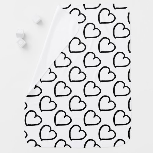 Hand drawn hearts design black on white baby blanket