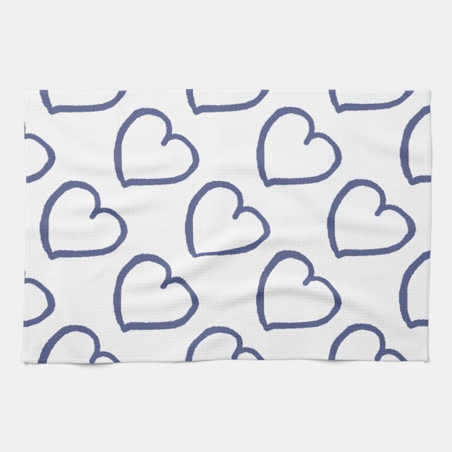 Hand drawn hearts design dark blue on white kitchen towel (Horizontal)
