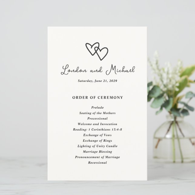 Hand Drawn Hearts Doodle Modern Wedding Program (Standing Front)