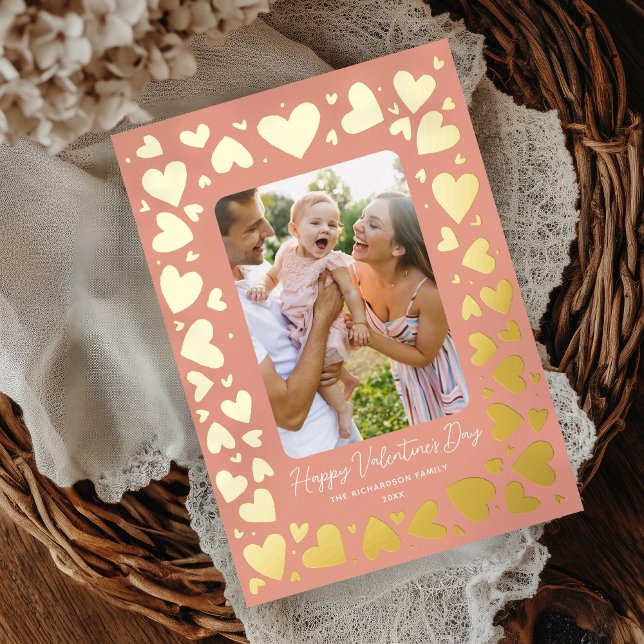 Hand drawn Hearts Frame Valentines Day Photo Foil Holiday Card (Creator Uploaded)