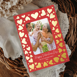 Hand drawn Hearts Frame Valentines Day Photo Red Foil Holiday Card