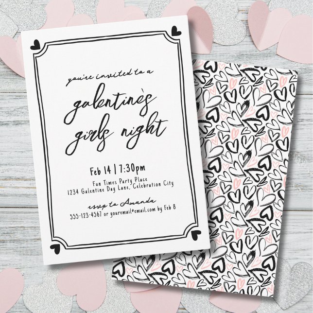 Hand Drawn Hearts Girls Night Galentine's Day Invitation (Hand Drawn Hearts Girls Night Galentine's Day Invitation)