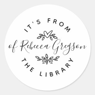 Hand-drawn Hearts & Leaves 'From the Library of' Classic Round Sticker