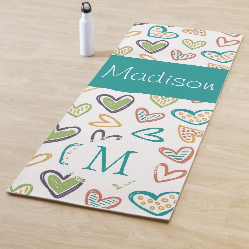 Hand drawn Hearts Multicolor Trendy Monogram Yoga Mat