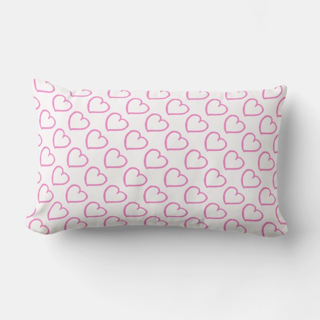 Hand drawn hearts pattern pink on white lumbar pillow (Front)