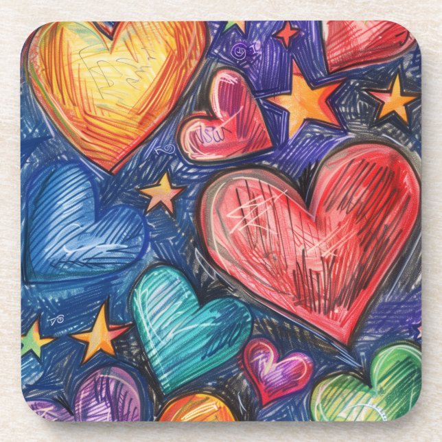 Hand Drawn Hearts & Stars Beverage Coaster (Front)