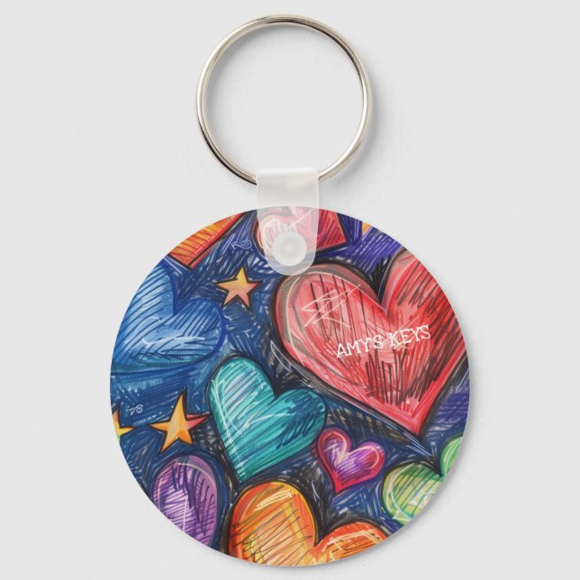 Hand Drawn Hearts & Stars Keychain (Front)