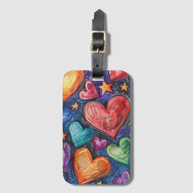 Hand Drawn Hearts & Stars Luggage Tag (Front Vertical)