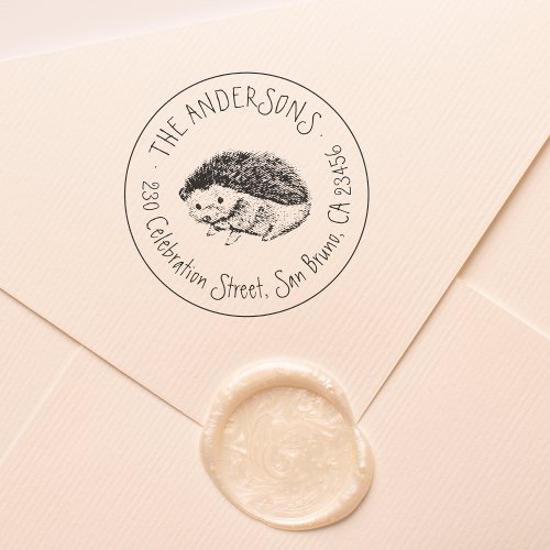 Hand Drawn Hedgehog  Family Name Return Address Rubber Stamp