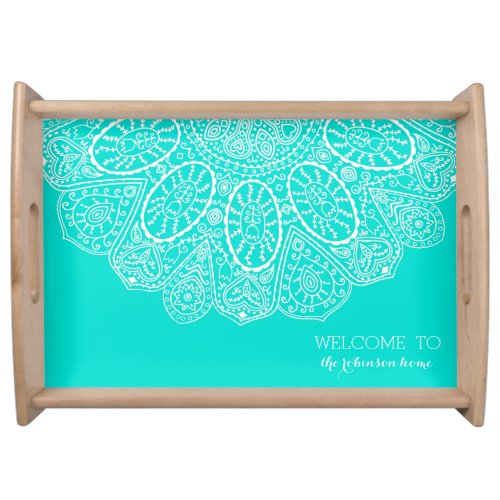 Hand Drawn Henna Circle Design Bright Aqua Blue Serving Tray