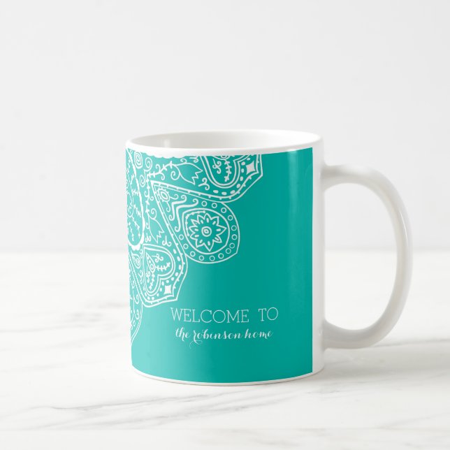 Hand Drawn Henna Circle Design Bright Pool Blue Coffee Mug (Right)