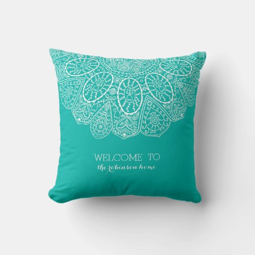 Hand Drawn Henna Circle Design Bright Pool Blue Throw Pillow