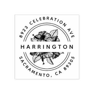 Hand-drawn Hibiscus Bouquet Round Return Address Rubber Stamp