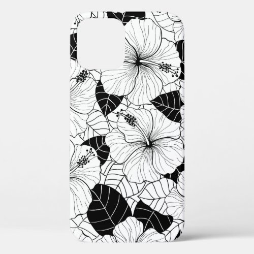 Hand_drawn hibiscus flowers leaves pattern iPhone 12 case