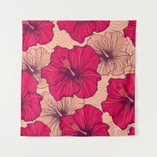 Hand Drawn Hibiscus Flowers Vintage Tapestry
