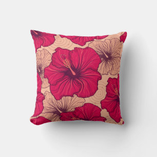 Hand Drawn Hibiscus Flowers Vintage Throw Pillow