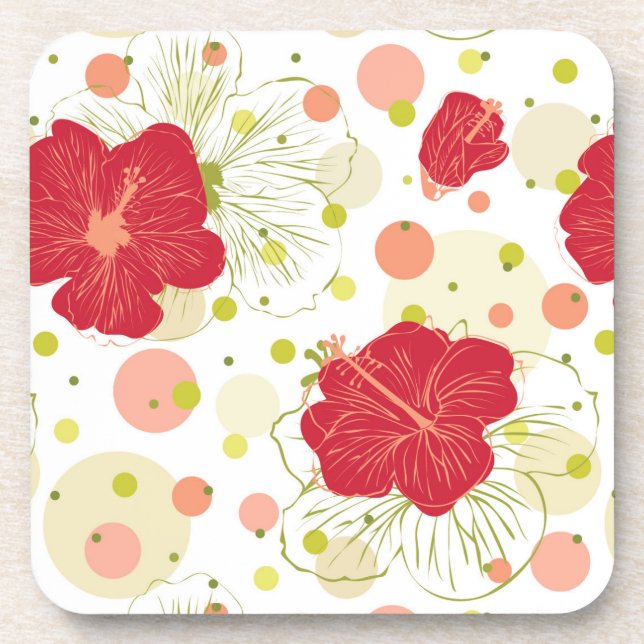 Hand Drawn Hibiscus Pattern Drink Coaster (Front)