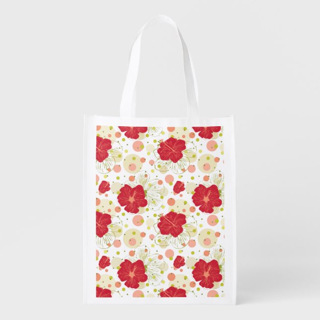Hand Drawn Hibiscus Pattern Reusable Grocery Bag (Front)