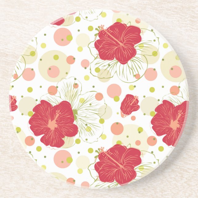Hand Drawn Hibiscus Pattern Sandstone Coaster (Front)