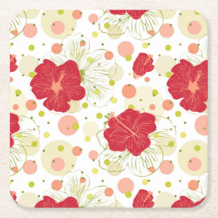 Hand Drawn Hibiscus Pattern Square Paper Coaster