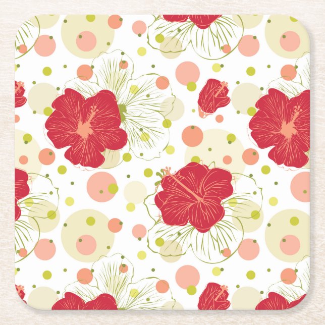 Hand Drawn Hibiscus Pattern Square Paper Coaster (Front)